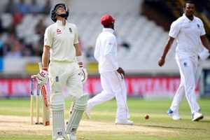 Joe Root reacts in frustration after being dismissed by Shannon Gabriel on the fourth day of the second Test. (Photo courtesy CWI Media) 