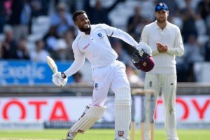Shai Hope celebrates his first test century against England yesterday. Hope featured in a 246-run, fourth-wicket stand with opener Kraigg Brathwaite that put the West Indies on top of England in the second test yesterday.  (Photo courtesy of WICB Media)