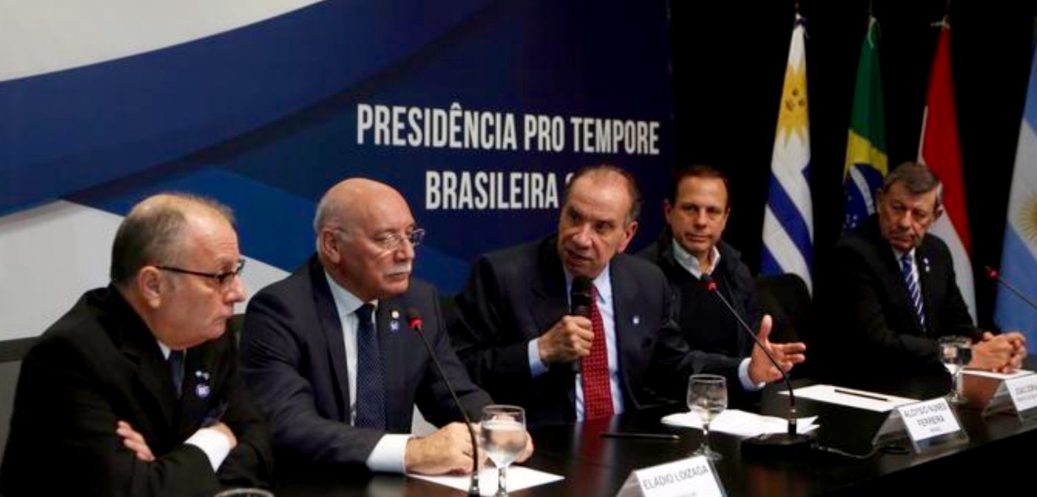 Foreign Ministers of Mercosur, Argentina's Jorge Faurie, Paraguay's Eladio Loizaga, Brazil's Aloysio Nunes Ferreira and Uruguay's Rodolfo Nin Novoa, and Sao Paulo's mayor Joao Doria attend a media conference after their South American trade bloc Mercosur meeting in Brazil.