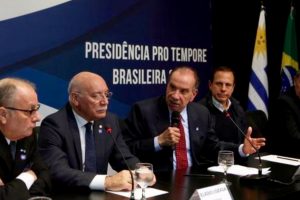 Foreign Ministers of Mercosur, Argentina’s Jorge Faurie, Paraguay’s Eladio Loizaga, Brazil’s Aloysio Nunes Ferreira and Uruguay’s Rodolfo Nin Novoa, and Sao Paulo’s mayor Joao Doria attend a media conference after their South American trade bloc Mercosur meeting in Brazil.