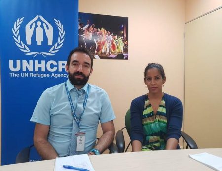 Ruben Barbado, protection officer at the United Nations High Commissioner for Refugees, and Nikita Mohammed, assistant co-ordinator at Living Water, at the United Nations Port of Spain office on Friday.