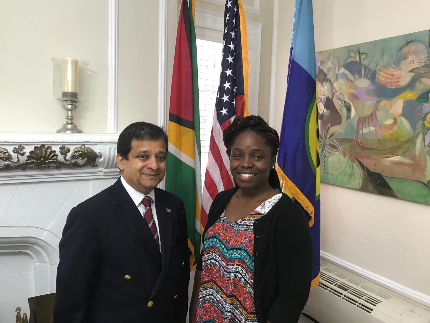 Ambassador to the USA/Permanent Representative to the OAS, Embassy of Guyana, Riyad Insanally meeting with Guyanese student, Vania Legall. (Ministry of Foreign Affairs website)