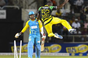 Rovman Powell of the Jamaica tallawahs celebrates the dismissal of Marlon Samuels of the St Lucia Stars during Friday night’s game of the CPL. (Photo credit: 2017 CPLT20 via Getty Images)