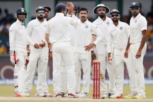 India’s Ravindra Jadeja celebrates with his teammates after taking the wicket of Sri Lanka’s Dimuth Karunaratne.(Reuters photo)