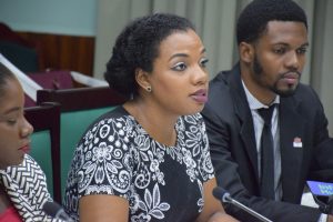 Parliament’s Clerk of Committees Jocette Bacchus and acting PRO, Yannick December announcing the launch of Youth Parliament at the press briefing (DPI photo)