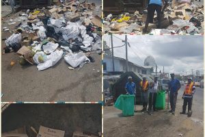 This composite photo shows a before and after scene of an area where garbage was dumped outside of a bin and later cleaned up by sanitation workers (Photo taken from Walter Narine’s Facebook page)
