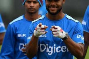 Shai Hope shares a moment with teammates while going through his paces at training yesterday. (Photo courtesy CWI Media) 