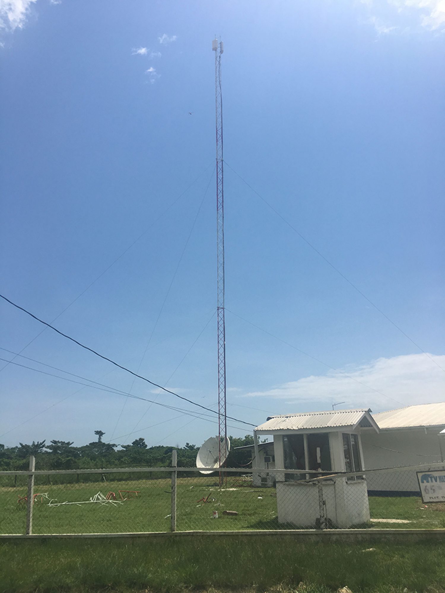 The salvaged antenna which has been erected as a temporary fix by MTV. 