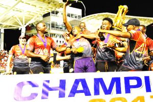  Trinbago Knight Riders celebrate their capture of the 2017 Caribbean Premier League title on Saturday.