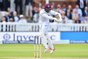 West Indies batsman Shai Hope navigates a short delivery during his half-century on the third day at Lord’s on Saturday. (Photo courtesy CWI Media) 