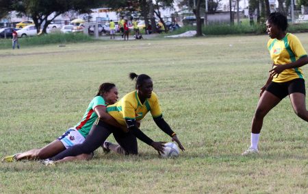  The female ruggers made hay while the sun shone yesterday, getting some much needed match practice head of the RAN 7s Championship scheduled for Mexico in November. (Orlando Charles photo)