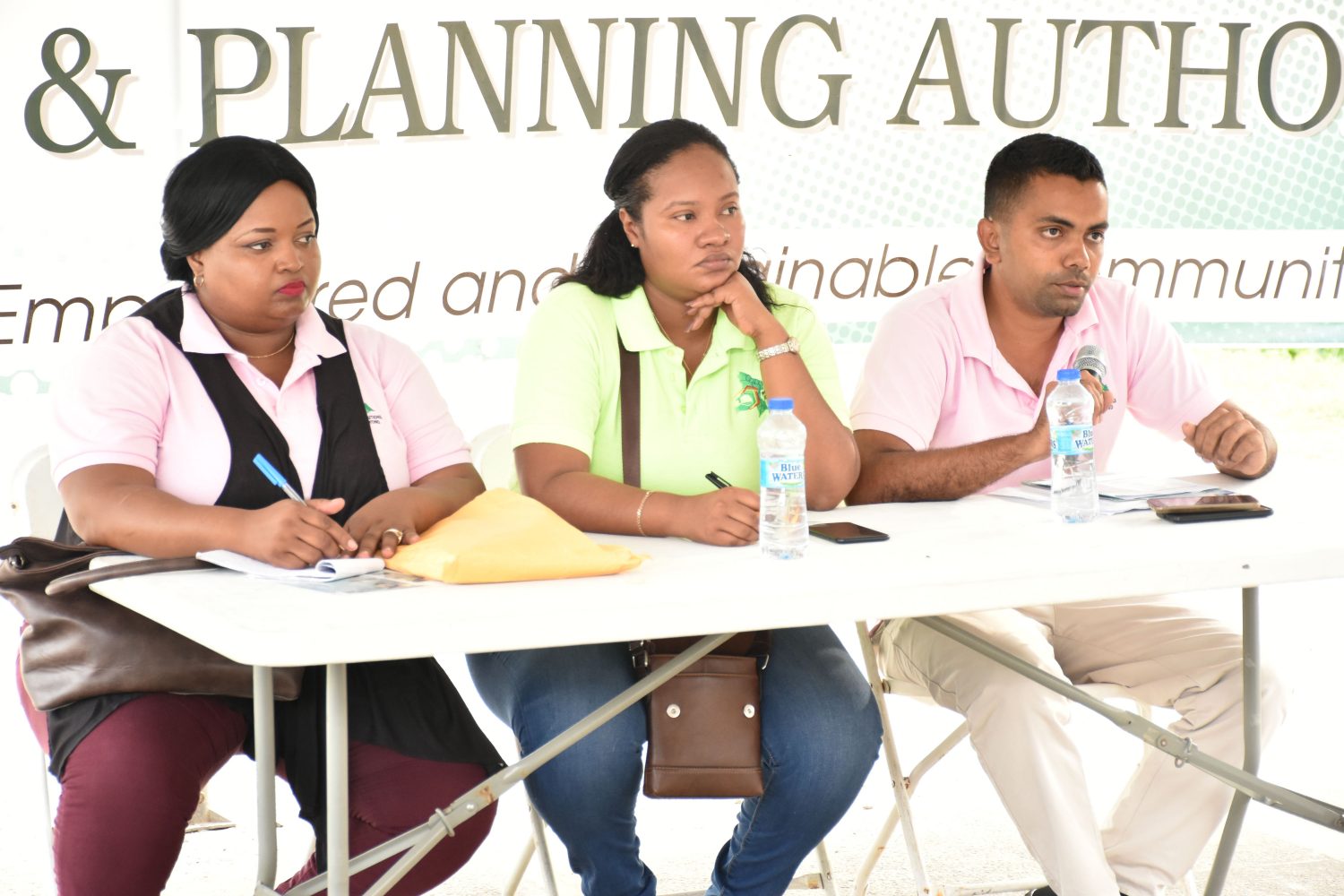 From left are Donell Bess-Bascom, Senior Community Development Officer attached to the CH&PA, Public Relations Officer, Jenelle Carter and Anthony Ragnauth, Engineer attached to the CH&PA. (DPI photo)