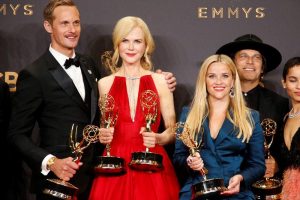 Alexander Skarsgard, Nicole Kidman, Reese Witherspoon and others pose with their Emmy for Outstanding Limited Series for ‘Big Little Lies’ at the 69th Primetime Emmy Awards in Los Angeles, California September 18, 2017. — Reuters pic