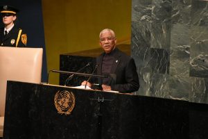 President David Granger during his address yesterday at the 72nd Session of the United Nations General Assembly in New York. (Ministry of the Presidency photo)