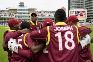West Indies huddle before the start of the second ODI at Trent Bridge on Thursday. (Photo courtesy CWI Media)
