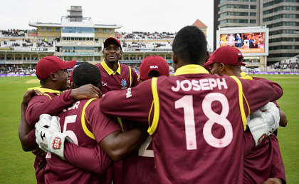 West Indies huddle before the start of the second ODI at Trent Bridge on Thursday. (Photo courtesy CWI Media)
