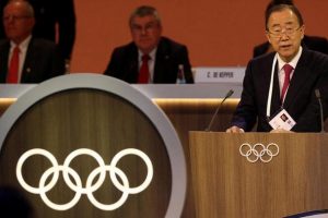 Newly elected head of the International Olympic Committee’s ethics commission, former UN Secretary-General Ban Ki-moon speaks during the 131st IOC session in Lima, Peru, yesterday (REUTERS/Guadalupe Pardo)