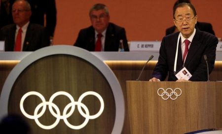 Newly elected head of the International Olympic Committee’s ethics commission, former UN Secretary-General Ban Ki-moon speaks during the 131st IOC session in Lima, Peru, yesterday (REUTERS/Guadalupe Pardo)