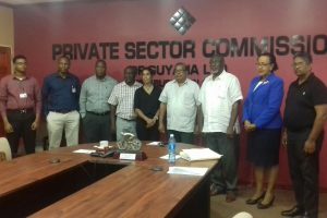 Members of the Private Sector Commission and the Civil Defence Commission on Wednesday, after the handing-over ceremony, where companies made donations to support the efforts to help those countries affected by the passage of the recent hurricanes. 