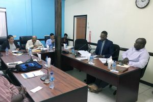 The PUC  hearing yesterday at the PUC Office at New Garden Street, Queenstown. From left to right, PUC Chairman Dela Britton, Commissioner Maurice Solomon, PUC Secretary Vidiahar Persaud,  GTT attorney Mark Reynolds and GTT CEO Justin Nedd (Dhanash Ramroop photo)
