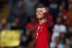 Portugal’s Cristiano Ronaldo celebrates his third goal against the Faroe Islands (Rafael Marchante)