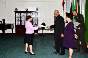 Canadian High Commissioner,  Lilian Chatterjee presenting her Letters of Credence to President David Granger. (Ministry of the Presidency photo) 