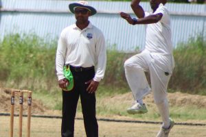 National under 17 fast bowler Qumar Torrington during his early morning burst where he removed Sachin Singh and Ronaldo Ali Mohammed cheaply (Royston Alkins photo)