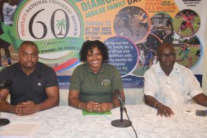 The members of the People’s National Congress Reform (PNCR), Diamond Jubilee Family Fun Day launch party from left to right, Edison Jefford, Co-Director of the Coordinating Team, Chairperson and Junior Minister of Public Infrastructure Annette Ferguson and Committee Member Bobby Vieira.