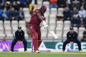 West Indies opener Chris Gayle goes on the attack during his 40 in the final ODI at the Ageas Bowl yesterday. (Photo courtesy CWI Media)
