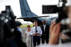 France's President Emmanuel Macron addresses the media upon his arrival in Pointe-a-Pitre, Guadeloupe island, the first step of his visit to French Caribbean islands, September 12, 2017.   REUTERS/Christophe Ena/Pool