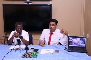 Dr Lucio Pedro (left) and Dr Rafi Rozan at yesterday’s press briefing. Rozan gestures to a photo on the computer screen showing the double uterus that was operated on. (Photo by Keno George)