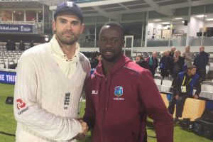 England’s James Anderson reached the 500 test wickets landmark while Kemar Roach, right celebrated his first five wicket haul at Lord’s in the third test which ended yesterday. (Photo courtesy of Cricket West Indies)
