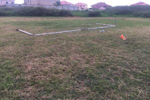 The goal post which fell on Glenshaun Skeete at the Plaisance Community Centre Ground