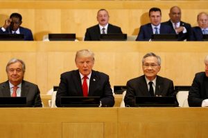 U.S. President Donald Trump (second from left in front row) participates in a session on reforming the United Nations at U.N. Headquarters in New York, U.S., September 18, 2017. REUTERS/Kevin Lamarque