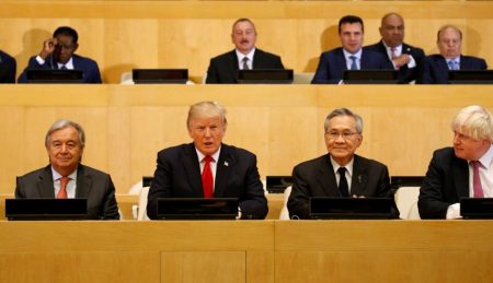U.S. President Donald Trump (second from left in front row) participates in a session on reforming the United Nations at U.N. Headquarters in New York, U.S., September 18, 2017. REUTERS/Kevin Lamarque