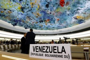 The name place sign of Venezuela is pictured on the country’s desk at the 36th Session of the Human Rights Council at the United Nations in Geneva, Switzerland September 11, 2017.  REUTERS/Denis Balibouse