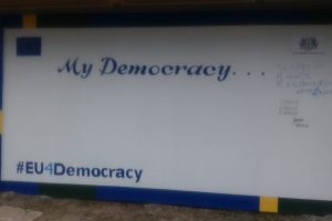 The ‘Democracy Wall,’ on which Vice-Chancellor Professor Ivelaw Griffith and EU Ambassador to Guyana Jernej Videtič wrote their respective concepts of democracy. The mural is located on the western end of the Natural Sciences building.
