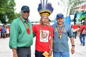 From left, Minister of State Joseph Harmon; Toshao of Mainstay/Whyaka Joel Fredericks and Minster of Indigenous People’s Affairs Sydney Allicock during the Heritage celebrations. (DPI photo)