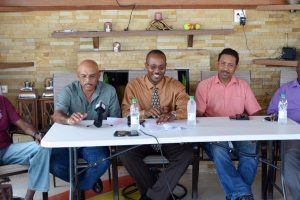 National captain Mahendra Persaud, second left, briefs the media at yesterday’s press conference. Others in the picture are from left, Ransford Goodluck, Ryan Sampson, Dylan Fields and Lennox Brathwaite. (Orlando Charles photo)