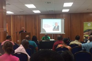 Minister of Sport Dr. George Norton delivering his remarks at the Sports Tourism seminar yesterday at the Guyana Olympic Association building at Liliendaal. (Noelle Smith photo)
