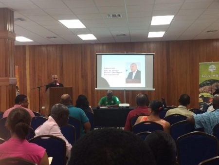 Minister of Sport Dr. George Norton delivering his remarks at the Sports Tourism seminar yesterday at the Guyana Olympic Association building at Liliendaal. (Noelle Smith photo)
