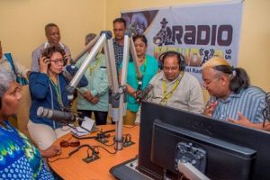 Prime Minister Moses Nagamootoo (second from right) being interviewed by Broadcaster Merrano Issacs for the first live interview on Radio Mahdia (DPI photo)