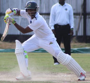 Shivnarine Chanderpaul leans into a drive during his 91 for Essequibo yesterday  (Royston Alkins Photo)