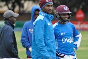Wicketkeeper Shane Dowrich (right) and opener Kraigg Brathwaite look on during a net session yesterday ahead of the second Test against Zimbabwe. (Photo courtesy CWI Media)
