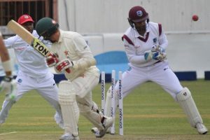 Malcolm Waller looks back in dismay after being bowled by part-time off-spinner Kraigg Brathwaite on yesterday’s second day. (Photo courtesy CWI Media) 