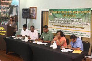 One of the grant awardees, Laura Singh, making her presentation on Friday at the Roraima Duke Lodge. Sitting at the head table are: President of the Forest Products Association, Deonarine Ramsaroop (extreme left) and FLEGT Facilitator, Alhassan Attah (second from left) (Keno George photo)
