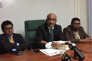 Opposition Leader Bharrat Jagdeo is flanked by People’s Progressive Party/Civic (PPP/C) executives Irfaan Ali (right)  and Anil Nandlall. Present at the press conference also were many party executives and members including Party Chief Whip Gail Teixeira and former Minister of Education Priya Manickchand. 