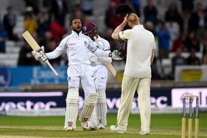 FLASHBACK: Shai Hope celebrates after leading West Indies to victory in the second Test against England last August.
