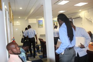 Representatives of the Guyana Teachers’ Union walk out of a meeting with the Ministry of Education after they were informed that teachers would be given the same increase unilaterally imposed on other public servants.