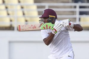 Batsman Sunil Ambris plays through the off-side during his unbeaten 62 on the opening day of the first four-day “Test” against Sri Lanka yesterday. (Photo courtesy CWI Media)

